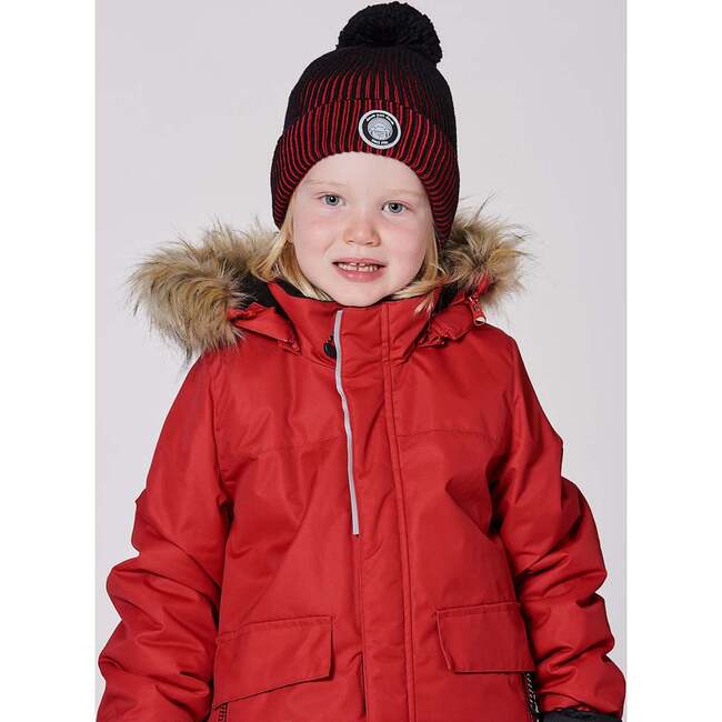 Lined Knit Pompom Hat, Red and Black - Winter Hats - 2