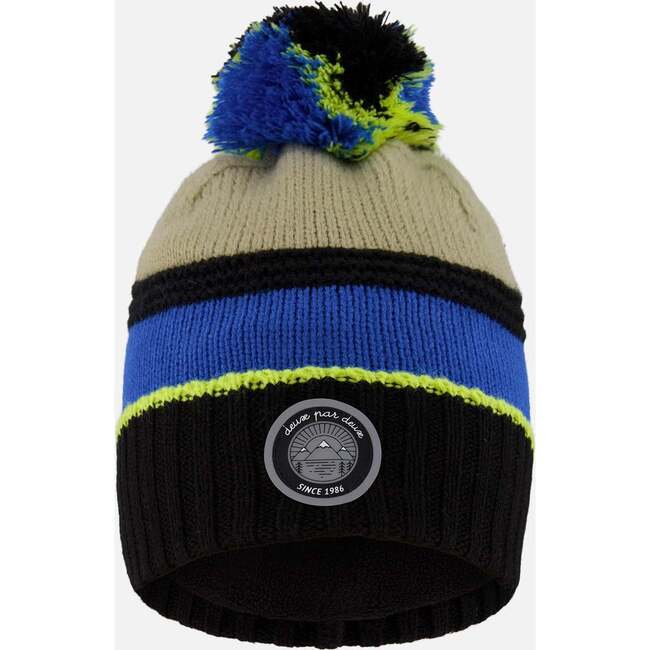 Lined Knit Pompom Hat, Black, Taupe and Lime Green