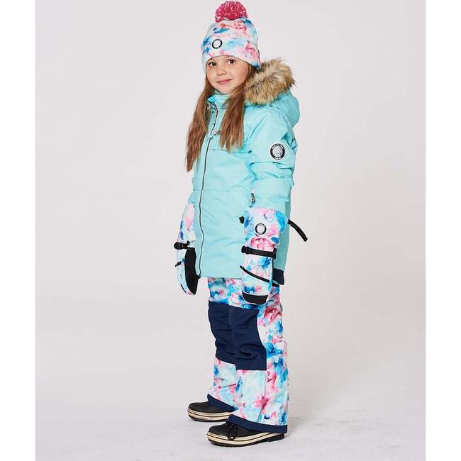 Lined Knit Pompom Hat, Blue Flower Print - Winter Hats - 2