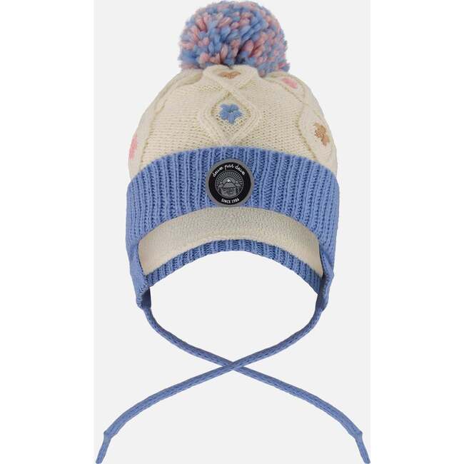 Lined Knit Hat with Ears, Off-White and Blue
