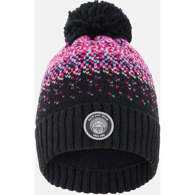 Lined Knit Pompom Hat, Black and Pink