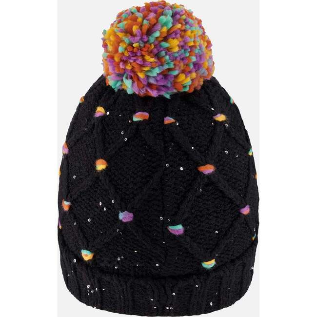 Lined Knit Pompom Hat with Little Sequins, Black and Multicolor - Winter Hats - 4