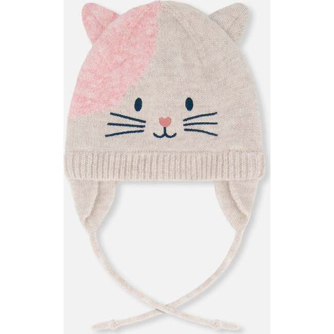 Lined Knit Hat with Ears, Off-White and Pink