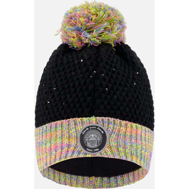 Lined Knit Hat with Pompom Black and Multicolor, Multicolored
