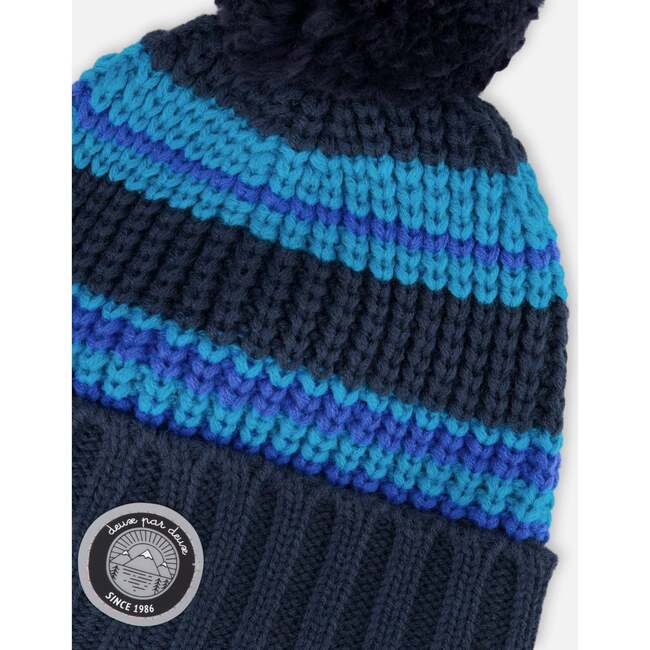 Lined Knit Winter Hat with Pompom, Black and Blue - Winter Hats - 4
