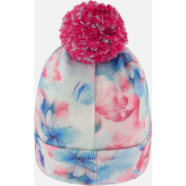 Lined Knit Pompom Hat, Blue Flower Print - Winter Hats - 3
