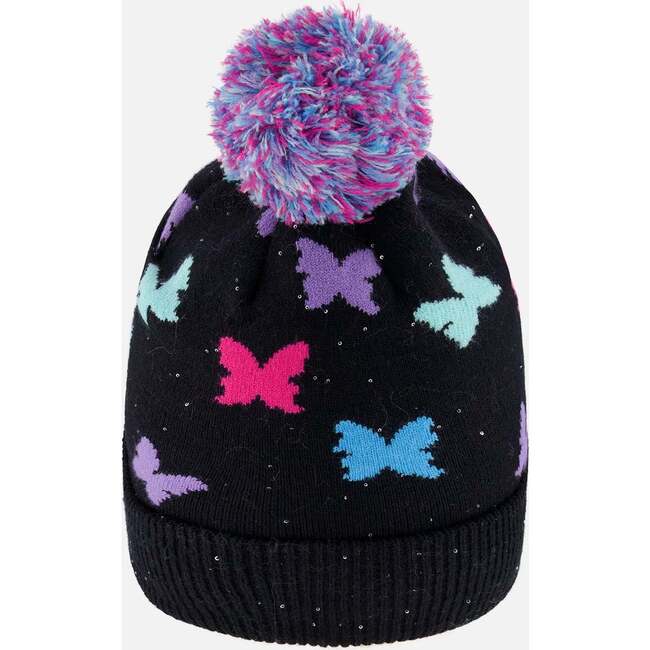 Lined Knit Pompom Hat, Black Butterfly Pattern - Winter Hats - 3