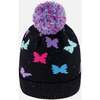 Lined Knit Pompom Hat, Black Butterfly Pattern - Winter Hats - 3