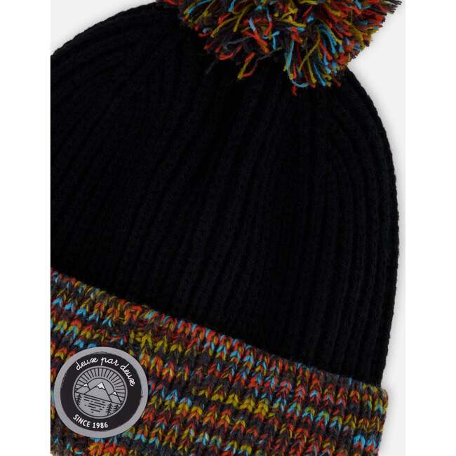 Lined Knit Winter Hat with Pompom, Black and Multicolor - Winter Hats - 5