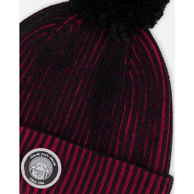 Lined Knit Pompom Hat, Red and Black - Winter Hats - 4