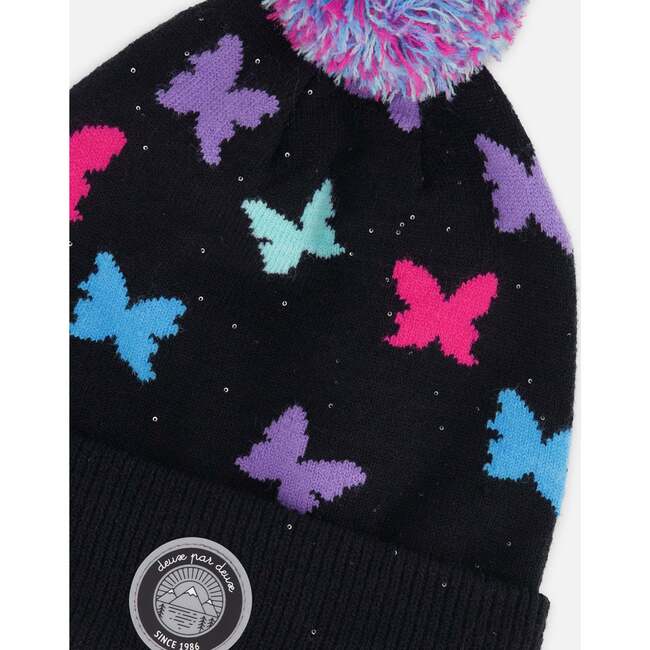 Lined Knit Pompom Hat, Black Butterfly Pattern - Winter Hats - 4