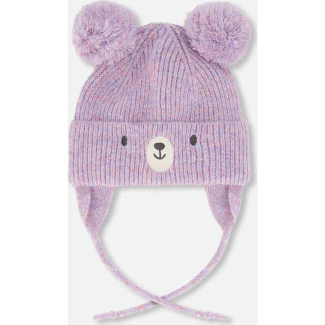Lined Baby Knit Hat with Pompoms, Purple Gray