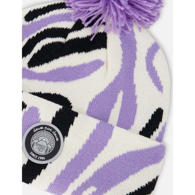 Lined Knit Pompom Hat, Black, White and Lilac - Winter Hats - 3