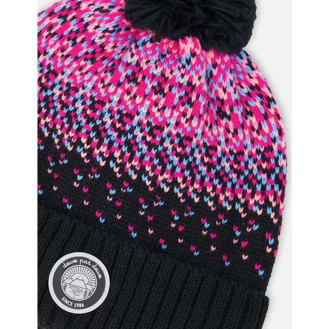Lined Knit Pompom Hat, Black and Pink - Winter Hats - 3