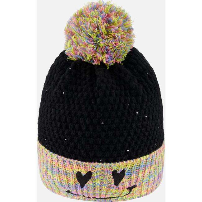 Lined Knit Hat with Pompom Black and Multicolor, Multicolored - Winter Hats - 4