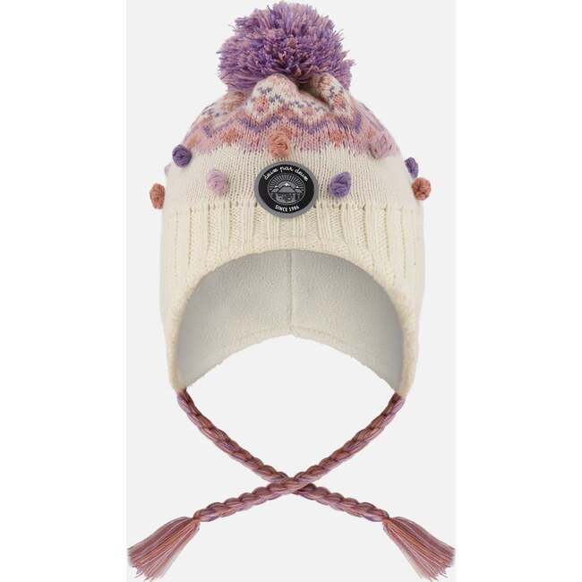 Lined Peruvian Knit Pompom Hat, Off-White and Lilac