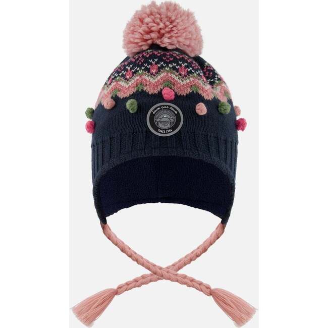 Lined Peruvian Knit Pompom Hat, Navy Blue and Pink