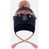 Lined Peruvian Knit Pompom Hat, Navy Blue and Pink - Winter Hats - 1 - thumbnail