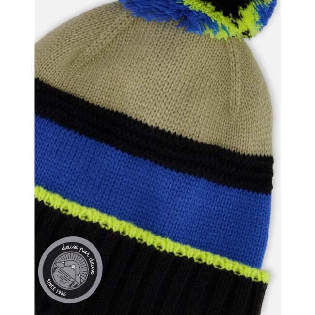 Lined Knit Pompom Hat, Black, Taupe and Lime Green - Winter Hats - 5