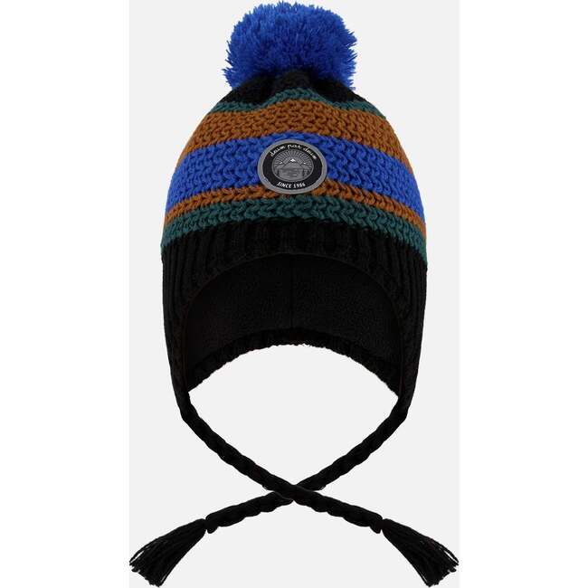 Lined Peruvian Knit Pompom Hat, Black, Blue and Brown