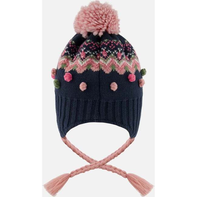 Lined Peruvian Knit Pompom Hat, Navy Blue and Pink - Winter Hats - 3