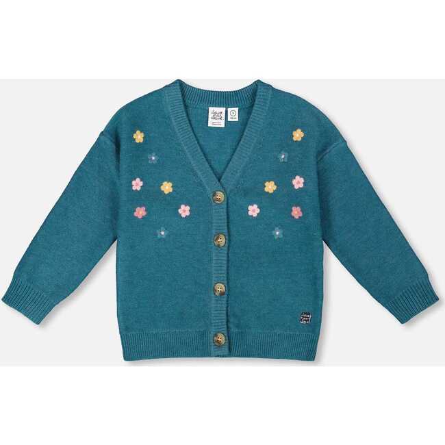 Knitted Cardigan with Flower Embroidery, Dark Green