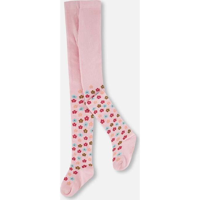 Knit Tights with Flowers, Light Pink
