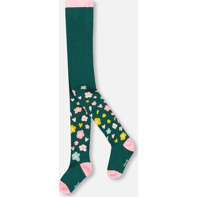 Knit Tights with Flower Motifs, Dark Green - Tights - 1