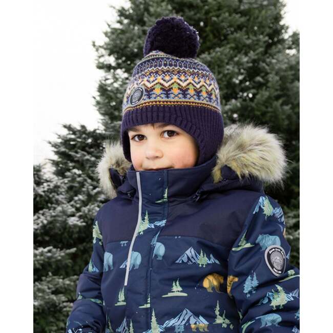 Lined Peruvian Knit Hat with Pompom, Taupe and Navy - Winter Hats - 2