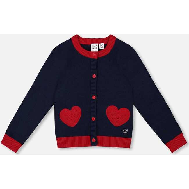 Knitted Cardigan Navy Blue with Red Embroidered Hearts, Navy Blue