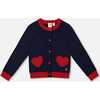 Knitted Cardigan Navy Blue with Red Embroidered Hearts, Navy Blue - Cardigans - 1 - thumbnail