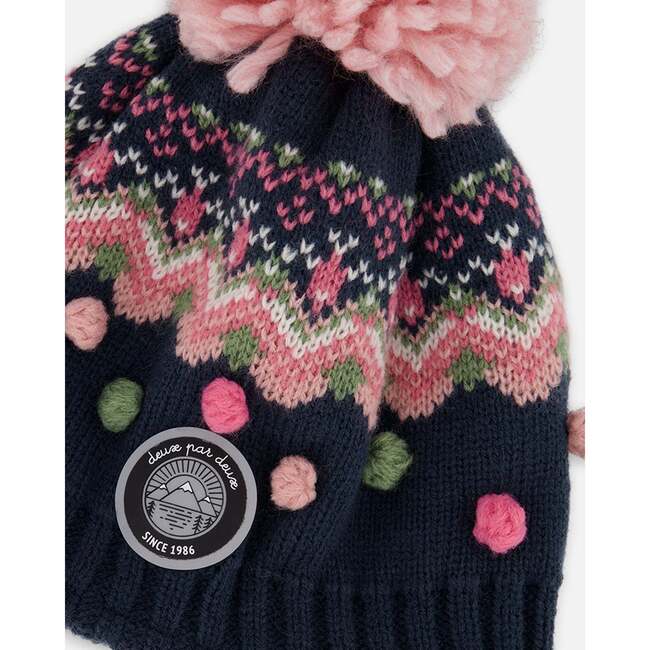 Lined Peruvian Knit Pompom Hat, Navy Blue and Pink - Winter Hats - 4