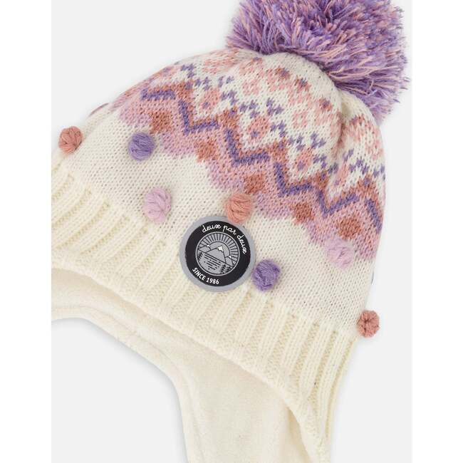 Lined Peruvian Knit Pompom Hat, Off-White and Lilac - Winter Hats - 4