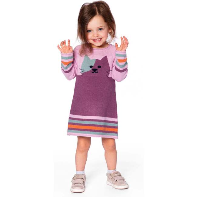 Knitted Dress with Cat, Dusty Pink - Dresses - 2