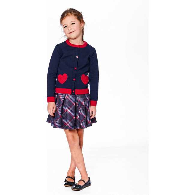 Knitted Cardigan Navy Blue with Red Embroidered Hearts, Navy Blue - Cardigans - 2