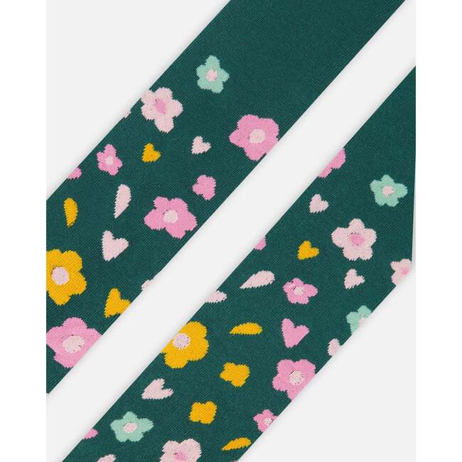 Knit Tights with Flower Motifs, Dark Green - Tights - 3