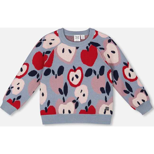 Knit Sweater with Apple Heart Jacquard, Blue and Red