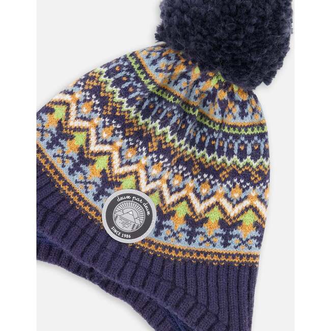 Lined Peruvian Knit Hat with Pompom, Taupe and Navy - Winter Hats - 5
