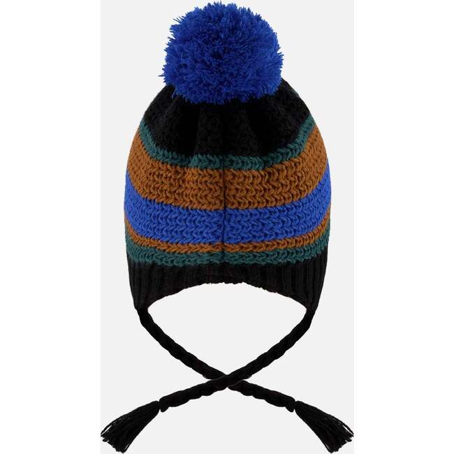 Lined Peruvian Knit Pompom Hat, Black, Blue and Brown - Winter Hats - 4