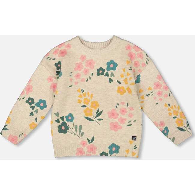 Knitted Sweater with Floral Print, Heather Beige Gray