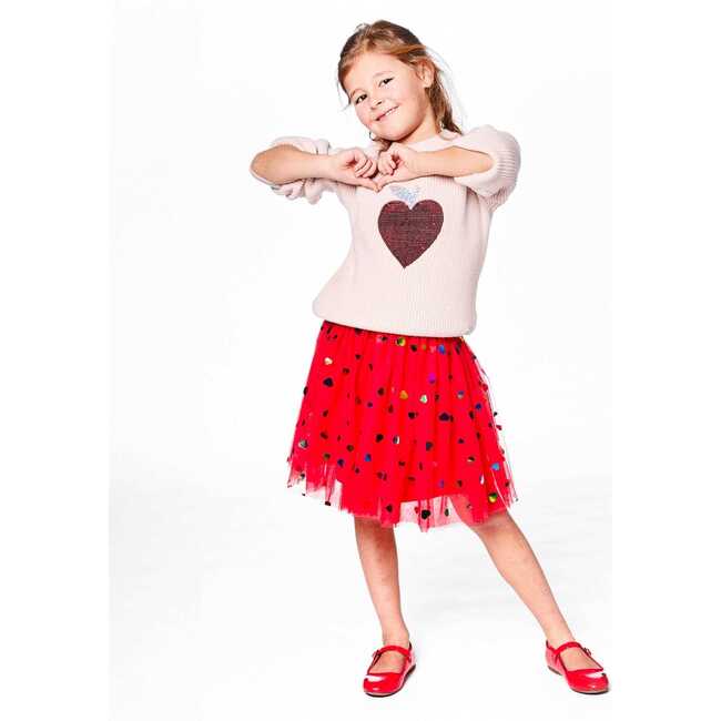 Knit Sweater with Sequin Heart, Pinkish White - Sweaters - 2