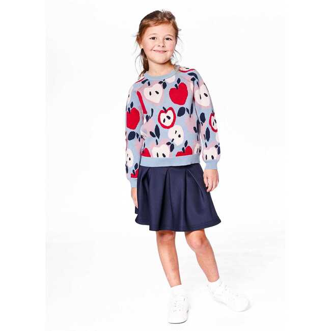 Knit Sweater with Apple Heart Jacquard, Blue and Red - Sweaters - 2