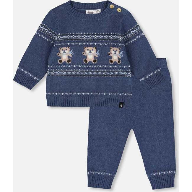 Knitted Jacquard Sweater and Pant Set with Bears, Blue Gray