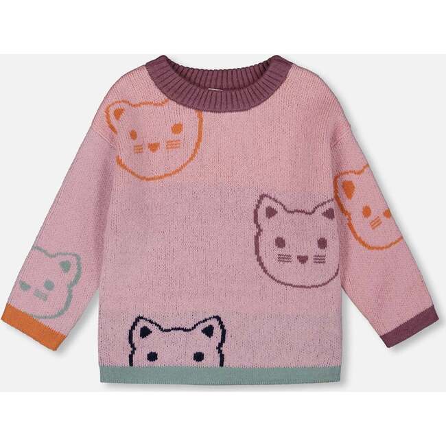 Knit Jacquard Sweater with Cats, Dusty Pink