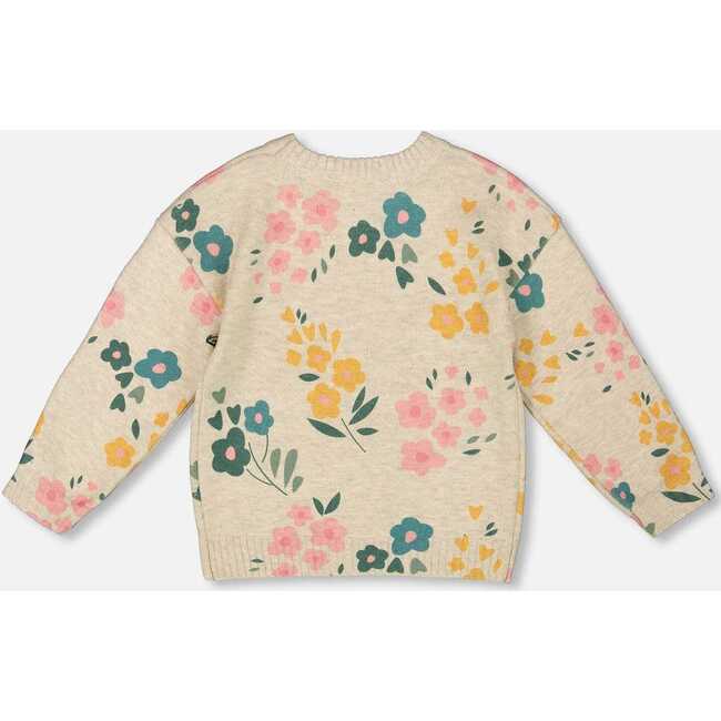 Knitted Sweater with Floral Print, Heather Beige Gray - Sweaters - 3