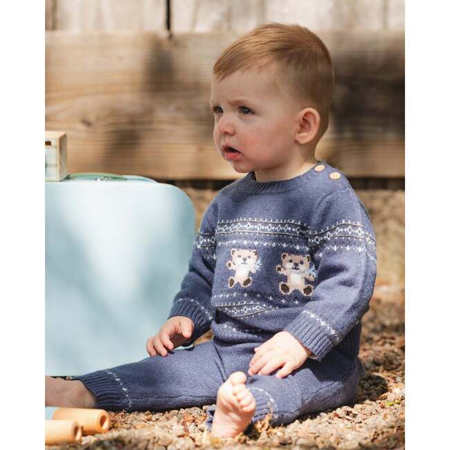 Knitted Jacquard Sweater and Pant Set with Bears, Blue Gray - Mixed Apparel Set - 2