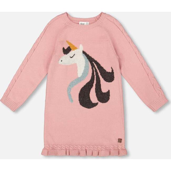Knitted Dress with Unicorn Intarsia, Dusty Pink