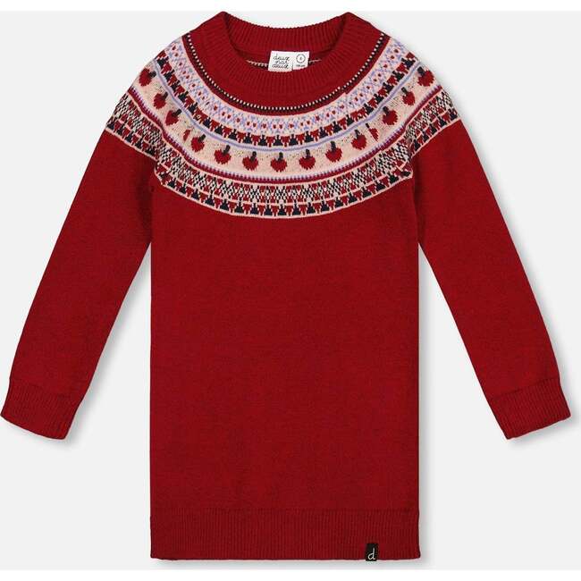 Knit Dress with Apple Jacquard Yoke, Red