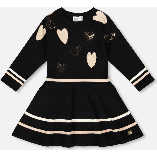 Knit Dress with Glittery Heart Motifs, Black