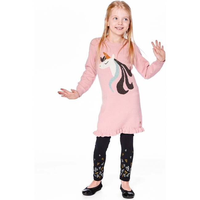 Knitted Dress with Unicorn Intarsia, Dusty Pink - Dresses - 2